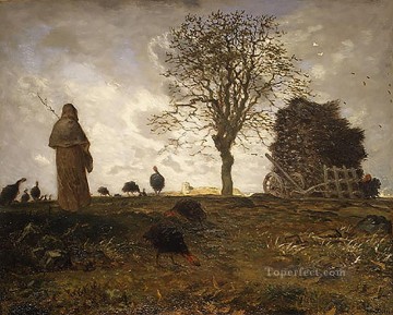 ジャン・フランソワ・ミレー Painting - 七面鳥の農民の群れがいる秋の風景 ジャン・フランソワ・ミレー